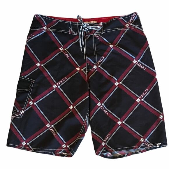 Ezekiel Board Shorts Black & Red Check Pattern 33” - Picture 1 of 8